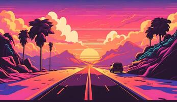 The digital artwork is a colorful illustration summer 80s 90s, sunset, road, palm tree, Technology photo