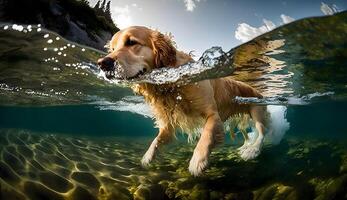 cuando perro nada en playa con claro agua, creado utilizando generativo ai tecnología foto