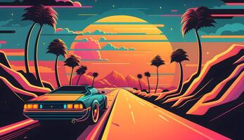 The digital artwork is a colorful illustration summer 80s 90s, sunset, road, palm tree, Technology photo