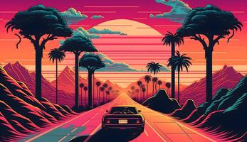 The digital artwork is a colorful illustration summer 80s 90s, sunset, road, palm tree, Technology photo