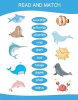 Read and match worksheet game. English alphabet with cartoon animals set. Matching words with images using funny sea animals for kids. Vector illustration.