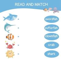 Read and match worksheet game. English alphabet with cartoon animals set. Matching words with images using funny sea animals for kids. Vector illustration.