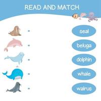 Read and match worksheet game. English alphabet with cartoon animals set. Matching words with images using funny sea animals for kids. Vector illustration.