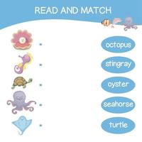 Read and match worksheet game. English alphabet with cartoon animals set. Matching words with images using funny sea animals for kids. Vector illustration.