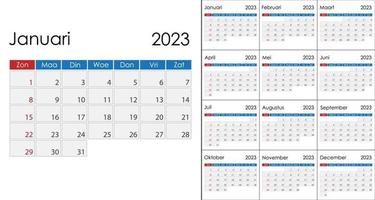 Calendar 2023 on Dutch language, week start on Sunday. Vector template