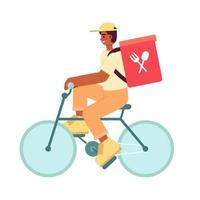 Guy delivering prepared meals in backpack on bicycle semi flat colorful vector character. Editable full body person on white. Simple cartoon spot illustration for web graphic design and animation