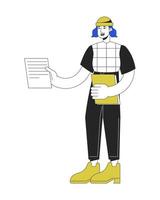 Stylish girl handing out papers linear flat color vector character. Editable figure. Full body person on white. Thin line cartoon style spot illustration for web graphic design and animation