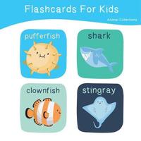 Cute animal flashcards collection. English name with cartoon animals set. Cute drawing of sea animals. Card games for kids. Vector illustration.