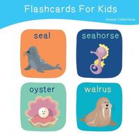 Cute animal flashcards collection. English name with cartoon animals set. Cute drawing of sea animals. Card games for kids. Vector illustration.
