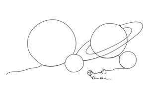 Continuous one line drawing arrangement of planets in space. space concept. Single line draw design vector graphic illustration.