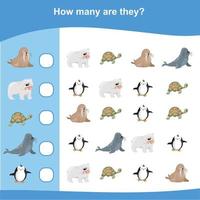 Counting math game for Children. Preschool counting animals worksheet. Educational printable math worksheet. Mathematic color worksheet. Counting similar images. Vector illustration.