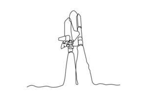 Continuous one line drawing rocket flying into space. Space concept. Single line draw design vector graphic illustration.