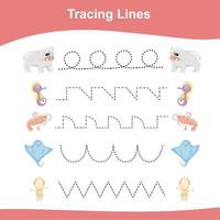 Tracing Lines Game Animals Edition. Educational worksheet. Worksheet activity for preschool kids. Preschool Education. Vector illustration.