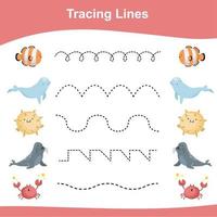 Tracing Lines Game Animals Edition. Educational worksheet. Worksheet activity for preschool kids. Preschool Education. Vector illustration.