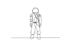 Continuous one line drawing astronaut costume in outer space. Space concept. Single line draw design vector graphic illustration.