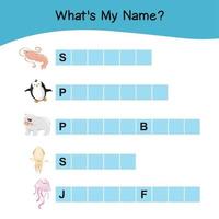 Whats my name worksheet. Cute Animal vector with guessing their name Worksheet. Educational activity for preschool kids. Writing activity. Vector illustration.