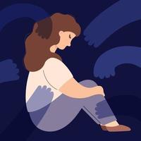 Sad lonely unhappy girl sits and hugs her knees from fear. Scary around arm. Concept of person woman trapped in bottom due to stress and depression. Vector illustration in flat style.