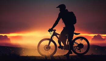 Silhouette men ride bicycle at sunset, photo