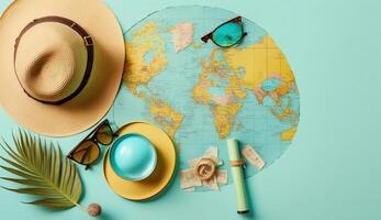 Straw hat, map, plane, sunglasses and magnifying glass on blue background, photo