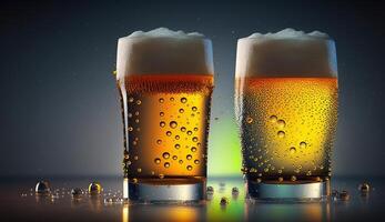 Cooled glass of pale beer with condensation drops on glass surface, photo