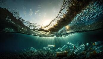 basura el plastico botellas en el océano, con rayos de luz de sol efecto, concepto de ambiental contaminación, generativo ai foto