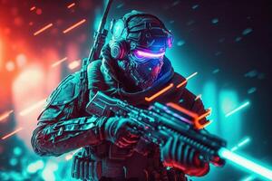 Militant cyberpunk warrior in a protective suit shooting his guns in a fight in neon light background. World of the future. Game, virtual reality, photo