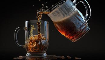 Pouring beer in glass and mug in black background, photo