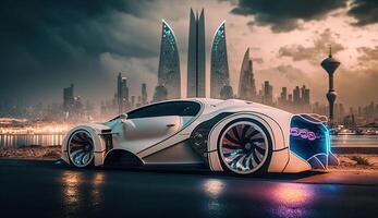 Photo of a supercar, futuristic city in the background, Generative Ai