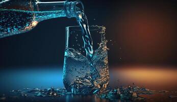 Pouring water from bottle into glass on blue black background, photo