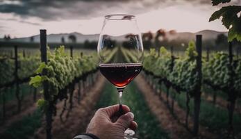 The man's hand is holding a glass of red wine in the wine field. Wine tasting outdoors wine restaurant tour tour. Wine production and the concept of winemaking, photo