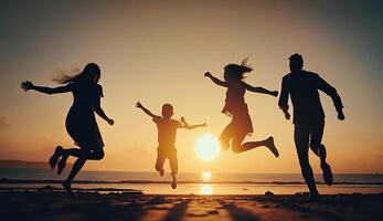 contento asiático familia saltando juntos en el playa en día festivo. silueta de el familia participación manos disfrutando el puesta de sol en el playa, generativo ai foto