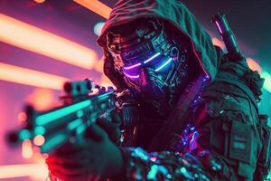 Militant cyberpunk warrior in a protective suit shooting his guns in a fight in neon light background. World of the future. Game, virtual reality, photo