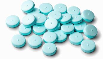 Pile of light blue pills - isolated, white background, photo