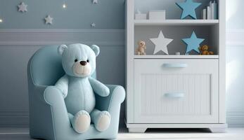 Small light blue armchair for kid standing in white room interior with stars on the wall, white rug and cupboard with books, teddy bear and fresh plant, photo