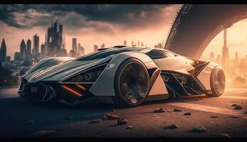 A supercar, futuristic city in the background, photo