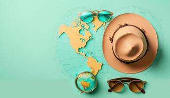 Straw hat, map, plane, sunglasses and magnifying glass on blue background, photo