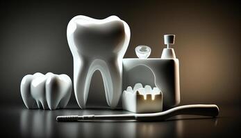 blanco sano diente, diferente herramientas para dental cuidado, generativo ai foto