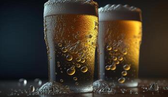 Cooled glass of pale beer with condensation drops on glass surface, photo