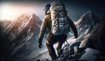 Mountain climber scaling a peak, with a sense of challenge and perseverance and a focus on endurance and strength, photo