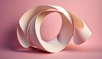 Mobius strip made from paper soaring in the air on pink background. Trendy surreal airy image. Abstract year color concept composition, photo