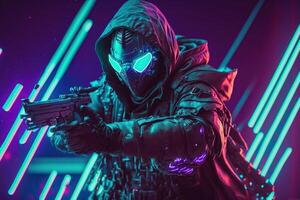 Militant cyberpunk warrior in a protective suit shooting his guns in a fight in neon light background. World of the future. Game, virtual reality, photo