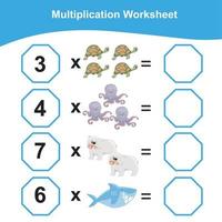 Multiplication Worksheet for children. Counting math worksheet. Printable math worksheet. Vector illustration.