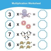 multiplicación hoja de cálculo para niños. contando matemáticas hoja de cálculo. imprimible matemáticas hoja de cálculo. vector ilustración.