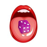 Cartoon style woman red mouth holding a dice on a tongue. vector