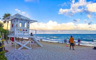 Playa del Carmen Quintana Roo MExico 2021 Tropical caribbean beach with watch tower Playa del Carmen Mexico. photo