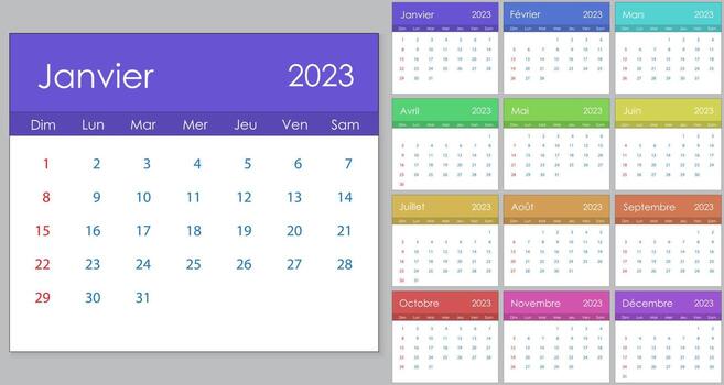 Calendar 2023 on French language, week start on Sunday. vector