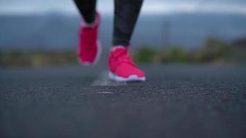 fonctionnement des chaussures - femme attacher chaussure lacets sur une désert route dans une montagneux zone video