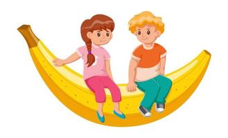 Cute kids sitting on bananas cartoon vector icon illustration. people fruit icon concept isolated premium vector. Vector illustration