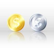 Golden and Silver Coin. Glossy metallic money. Business symbol of money. Front view of coins. Vector