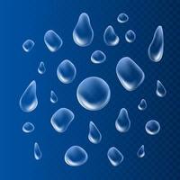 Drops. Liquid clear droplet. Dew on glass surface. vector illustration on blue background